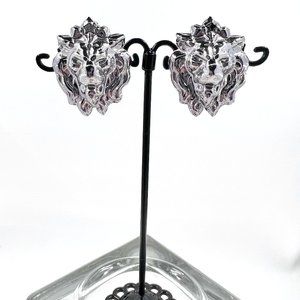 Large 3D Lion Head Shiny Silver Tone Post Earrings